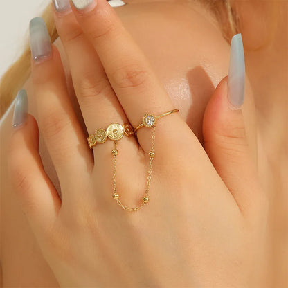 Letdiffery New Double-Finger Flower Rings for Women Stainless Steel Heart Butterly Zircon Charm Adjustable Open Rings Jewelry