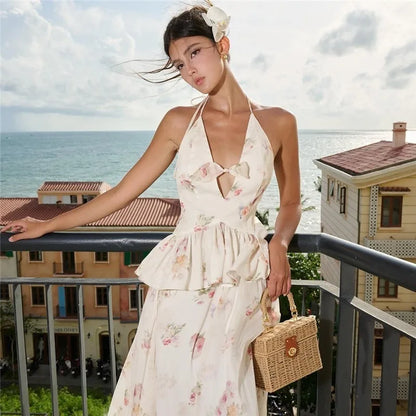 SylCue Flower Print 2 Piece Set Woman Halter Low-Neck Bow Decoration Tank Tops+Ruffles Long Skirts Beach Style Elegant Outfits