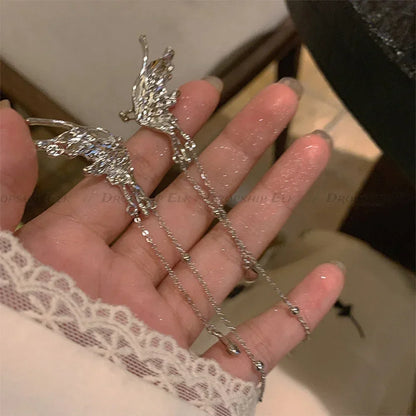 Kpop Silver Color Earrings Fairy Angel Wings Butterfly Long Tassel Clip Earrings for Women Teens Cool Ear Cuff Party Jewelry