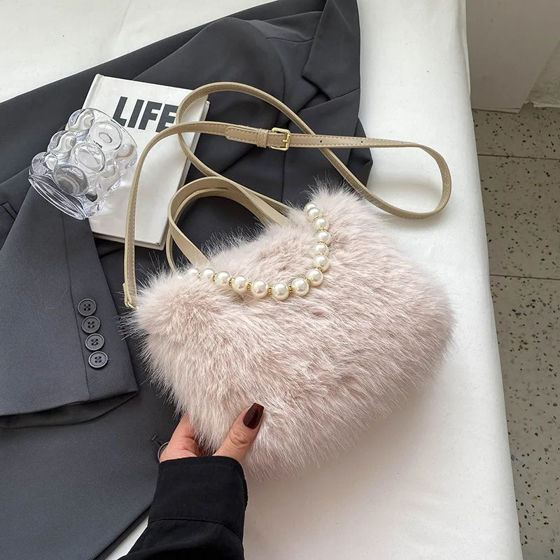 Fairy Handbag Pearl Chain Plush Small Square Bag For Women Fashion Elegant Shoulder Crossbody Bag Autumn Winter Versatile Totes