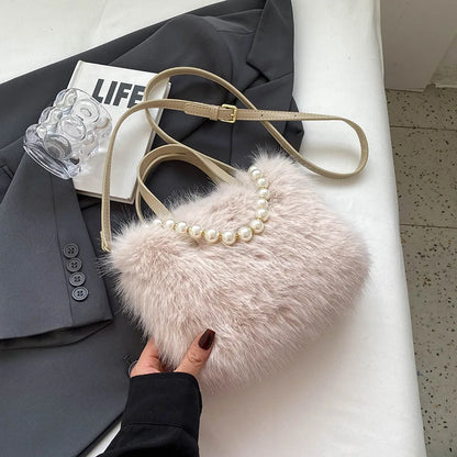 Fairy Handbag Pearl Chain Plush Small Square Bag For Women Fashion Elegant Shoulder Crossbody Bag Autumn Winter Versatile Totes