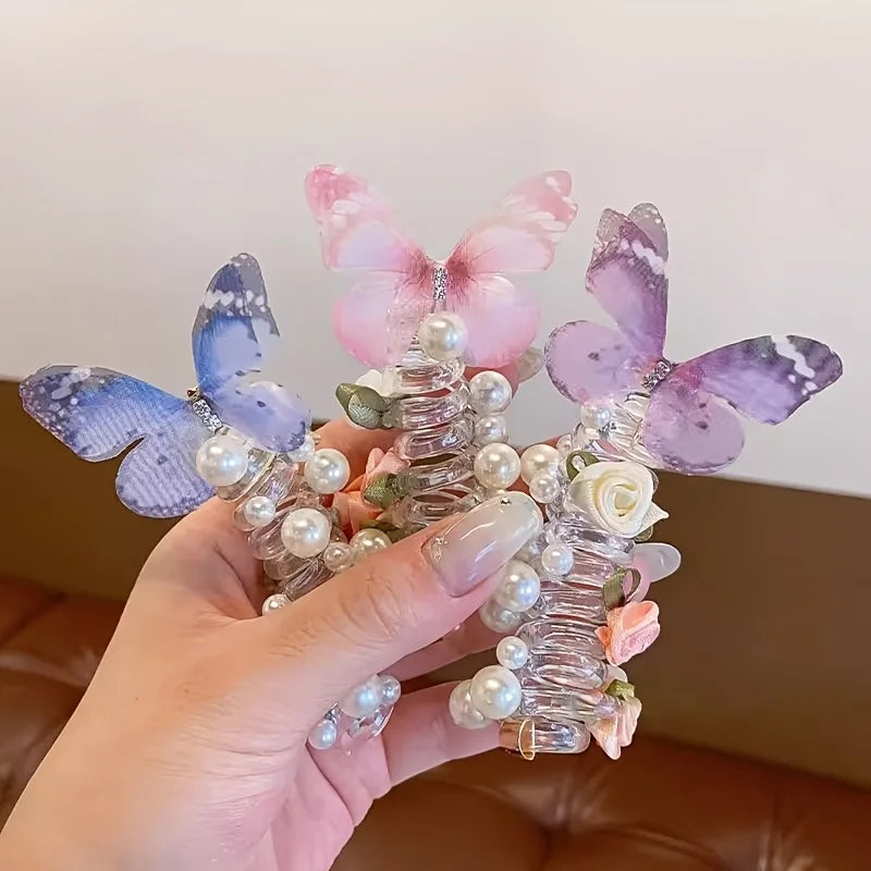 Sweet Butterfly Rose Phone Line Hair Hoop Children's Phone Line Braided Hair Rope Girls' Hair Tie Headwear