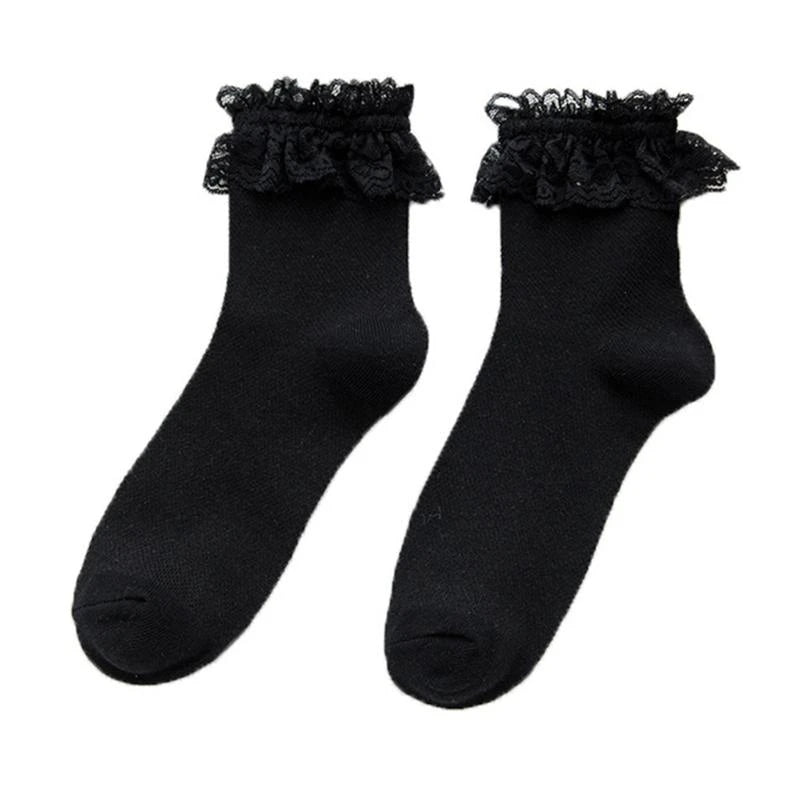 Women Lolita Transparent Mesh Crew Socks Sweet Ruffled Lace Trim Bowknot Cute Love Heart Pattern Anime Princess Hosiery