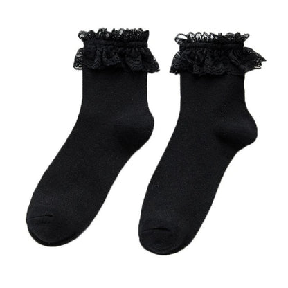 Women Lolita Transparent Mesh Crew Socks Sweet Ruffled Lace Trim Bowknot Cute Love Heart Pattern Anime Princess Hosiery