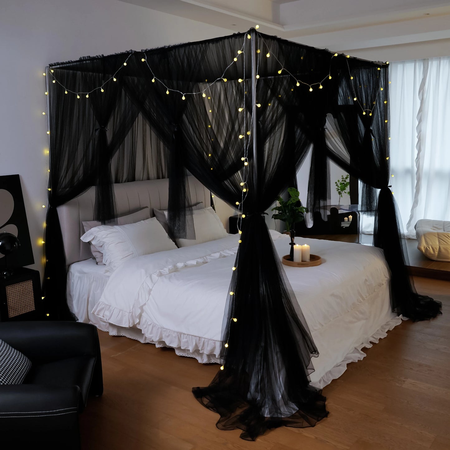 Mosquito NET for Bed Canopy Four Corner Post Curtains Bed Canopy Elegant Mosquito Net Set Twin/Queen/King for Girls & Adult ﻿