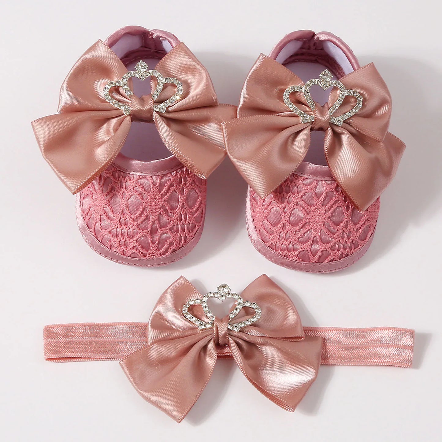 0-12months Baby Girls Princess Shoes Set Crown Bow Decor Lace Shoes for infant girls Soft Non-slip Bottom First Walking Shoes