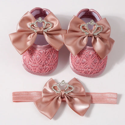 0-12months Baby Girls Princess Shoes Set Crown Bow Decor Lace Shoes for infant girls Soft Non-slip Bottom First Walking Shoes