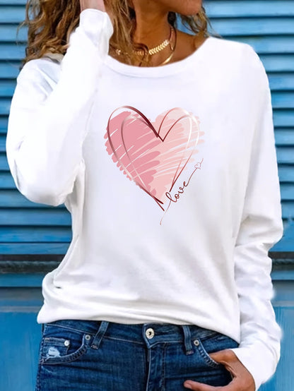 Heart Love Print Crew Neck T shirt Casual Autumn winter top women's long sleeved T-shirt loose comfortable black  white