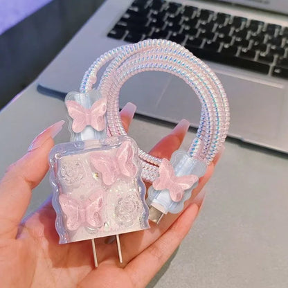 Pink Crystal Butterfly Charging Data Cable Protector Winder Accessories For IPhone 18w/20w Cartoon Charger Protective Cover