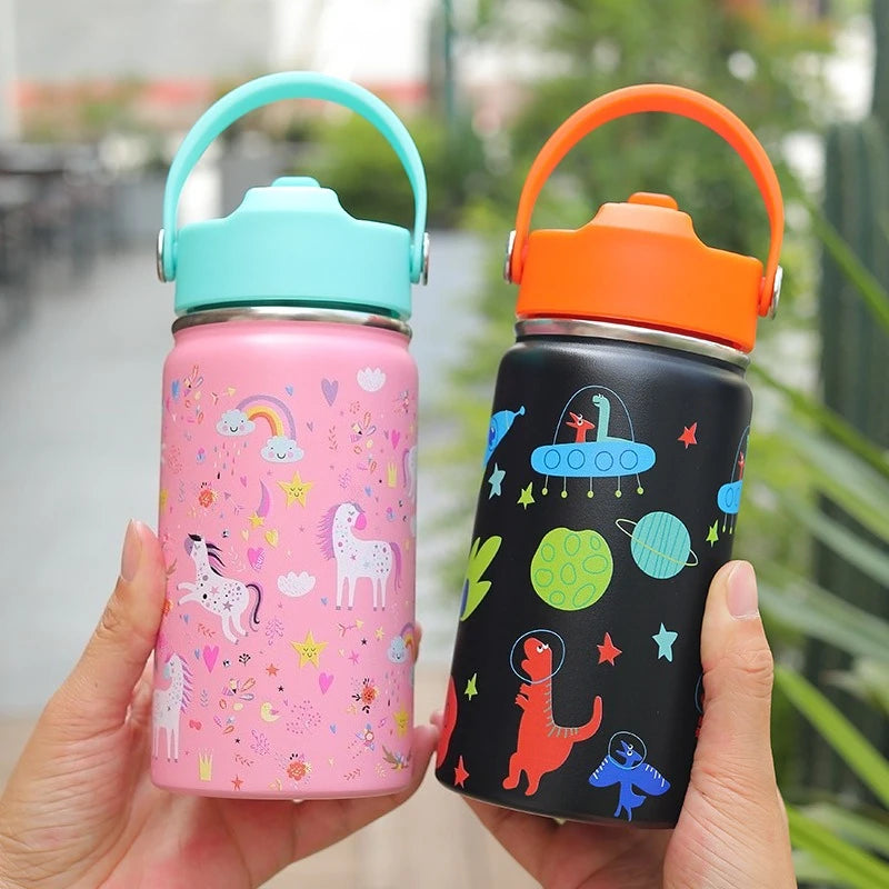 12oz Kids Water Bottle Cartoon Animal Children's Cup With Straw Stainless Steel Vacuum Flacks Thermos Bottle Thermal Mug Cups
