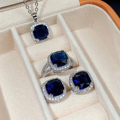 European and American Jewelry Set, Fashionable Square Sapphire Blue Zircon Series, Luxurious and Elegant Jewelry Accessories