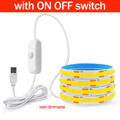 Dimmable COB LED Strip Light 5V USB Flexible LED Tape with ON OFF Switch 320LEDs High Density Linear Lighting with Adhesive Tape