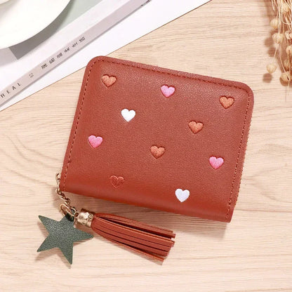 New Long Short Wallet Women's Fashion Credit Card Bag Purse Zipper Handbag Embroidered Heart Mobile Phone Money Coin Bag Case