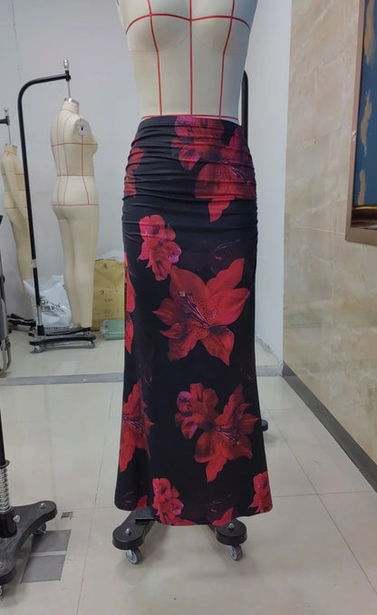 Women's Pleated A-Line Skirt Vintage Flower Printed Ruched Bodycon Skirts Summer Leisure Vacation Long Skirt