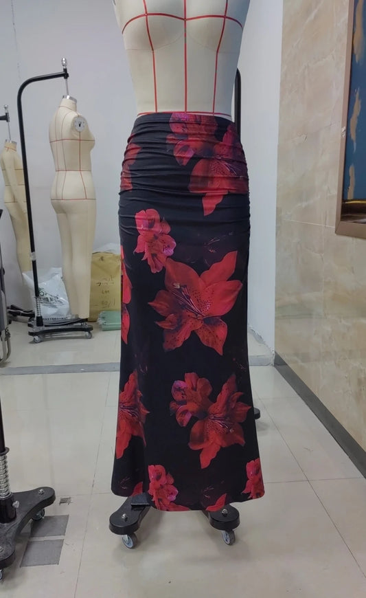 Women's Pleated A-Line Skirt Vintage Flower Printed Ruched Bodycon Skirts Summer Leisure Vacation Long Skirt
