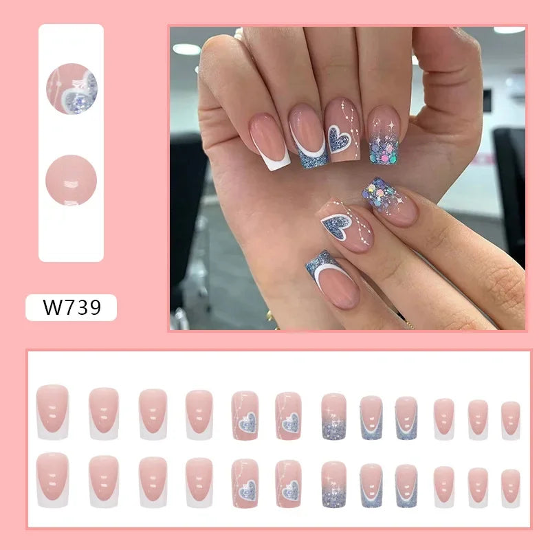 Fresh Green Tea 24 Pcs Fake Nail with Jelly sticker Press on False Nails Wearable Round Head Oval Full Cover Nail Tips