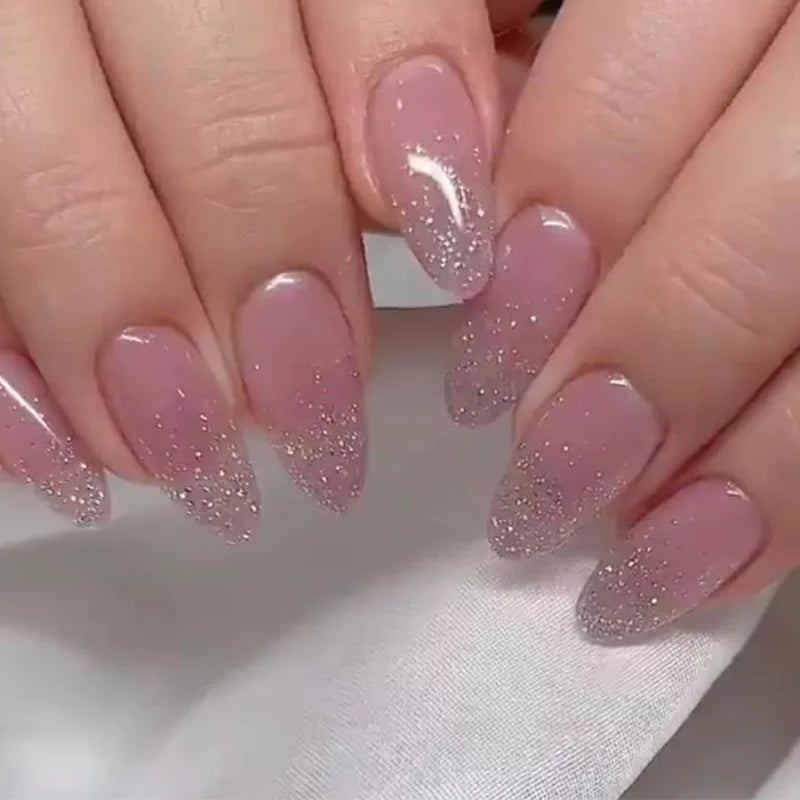 24Pcs Press on Fake Nails Short Medium French Acrylic Full Cover False Nail With Glue Kit Mini File Manicure for Women and Girls