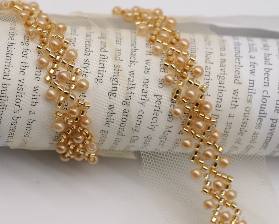 90cm Pearl Beaded Lace Trim Ribbon Garment Decoration Applique Trimming Gold Sequin Tape DIY Sewing Fabric Material Accessories