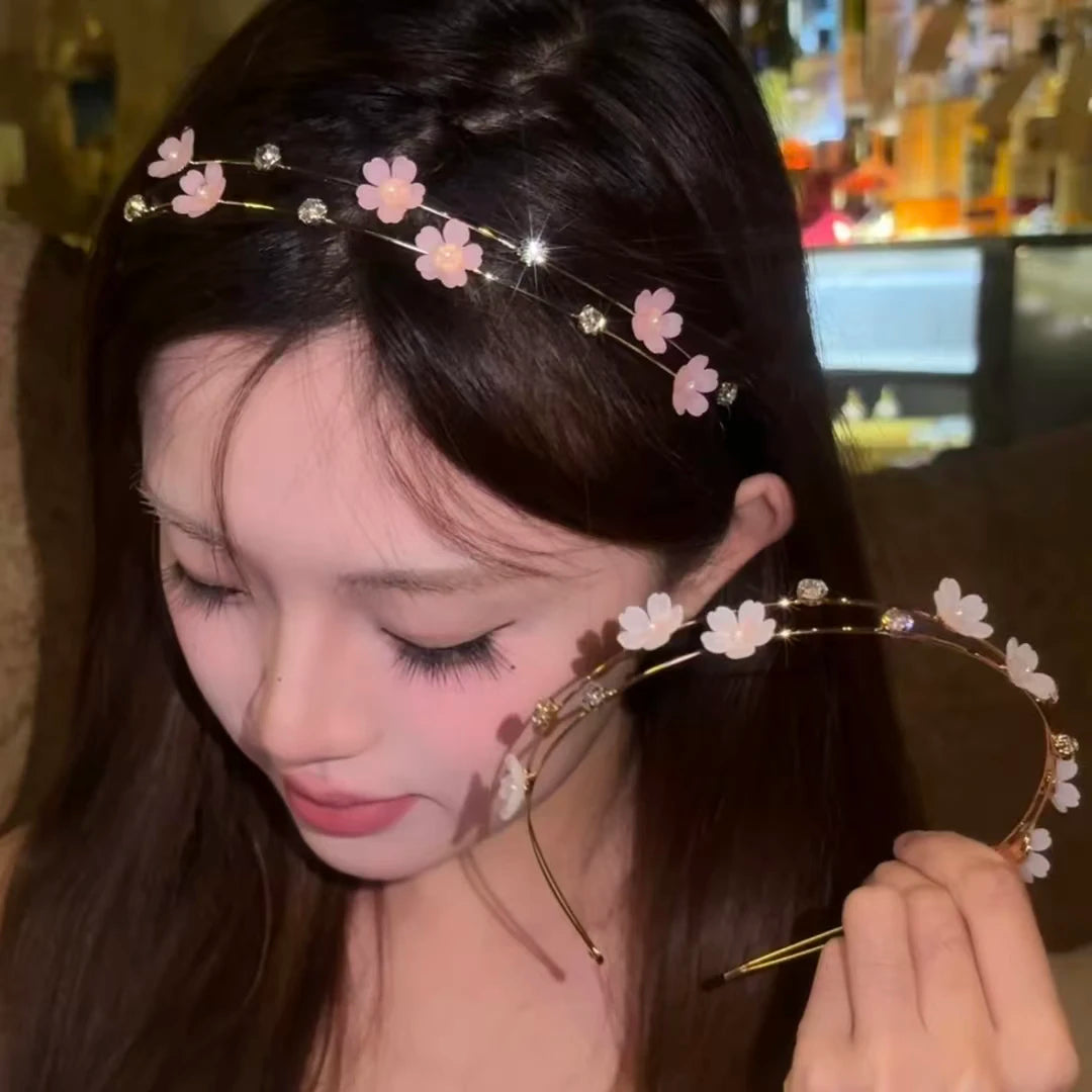 New Double Layer Metal Hairband Flower Pearl Headband for Women Headwear Shiny Rhinestone Hair Band Hoop Hair Accessories