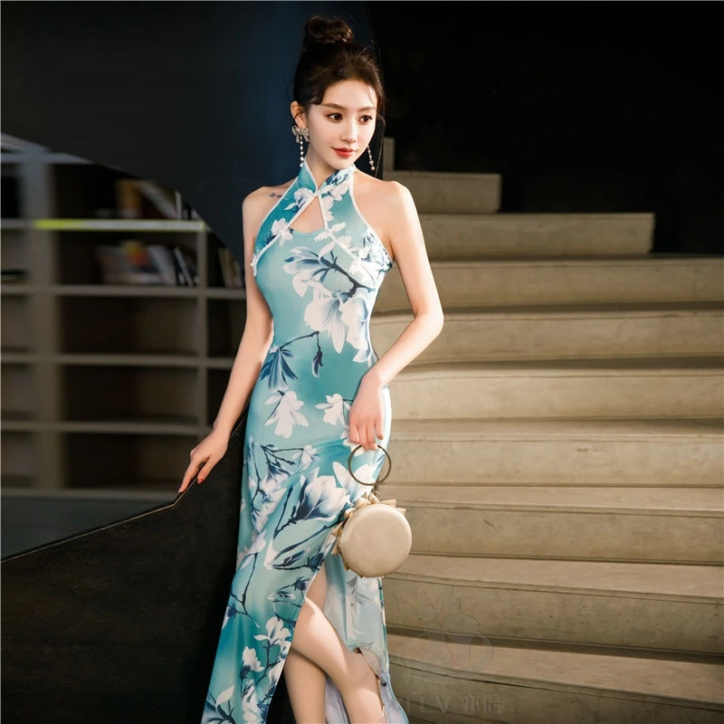 Sexy Halter Cheongsam Lady Split Qipao New Chinese Style Improved Dress Gown Satin Cheongsams Hollow Out Vestidos Bigsize 4Xl5Xl