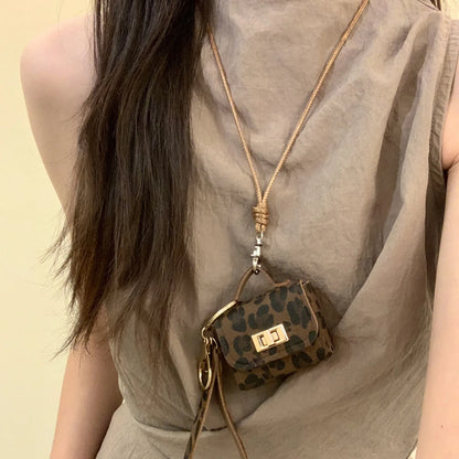 Retro Cute Small Leopard Print Leather Bag Pendant Necklaces for Women Sweater Long Rope Chain Neck Hanging Jewelry Accessory C