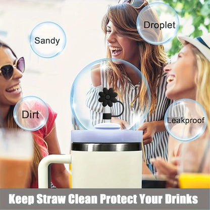 2pcs/set Black Flower Straw Covers Toppers for Stanley Cups 30&40 Oz Tumbler Accessories 4PCS Silicone Straw Caps 10mm Straws