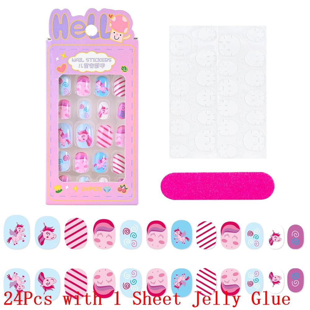 12pcs Cute Kids Dress-Up Fake Nail Girls Press on Nails Princess Pretend Play Toy Nail Tips Self-adhesive Children False Nails *