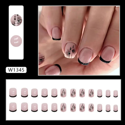 Fresh Green Tea 24 Pcs Fake Nail with Jelly sticker Press on False Nails Wearable Round Head Oval Full Cover Nail Tips