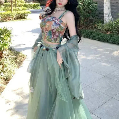 Vintage Strap Floral Vest Two-Piece Women's Improved Hanfu 2026 New Summer Suit Fashion Chic Y2K Sliming Sweet Suits Skirt
