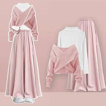 Women's 2025 Autumn/Winter New Fashion In Matching Set Korean Elegant Knitted Sweater+Undershirt+Casual Skirt Pants 3-Piece Suit