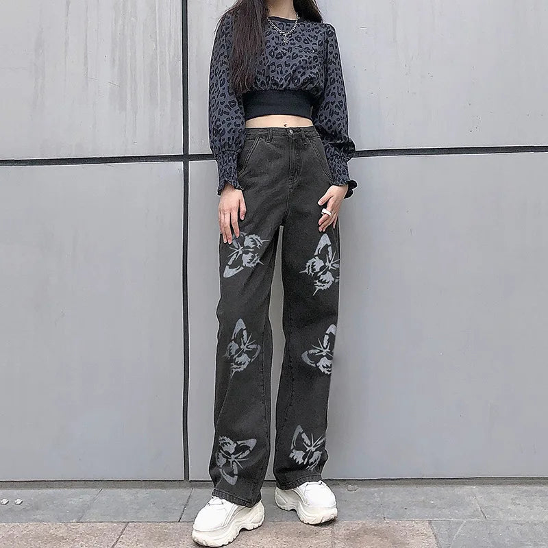 2023 Fall Trousers High Waist Butterfly Print Y2K Jeans For Women Fashion Loose Denim Straight Leg Pants Casual Clothing XS-L