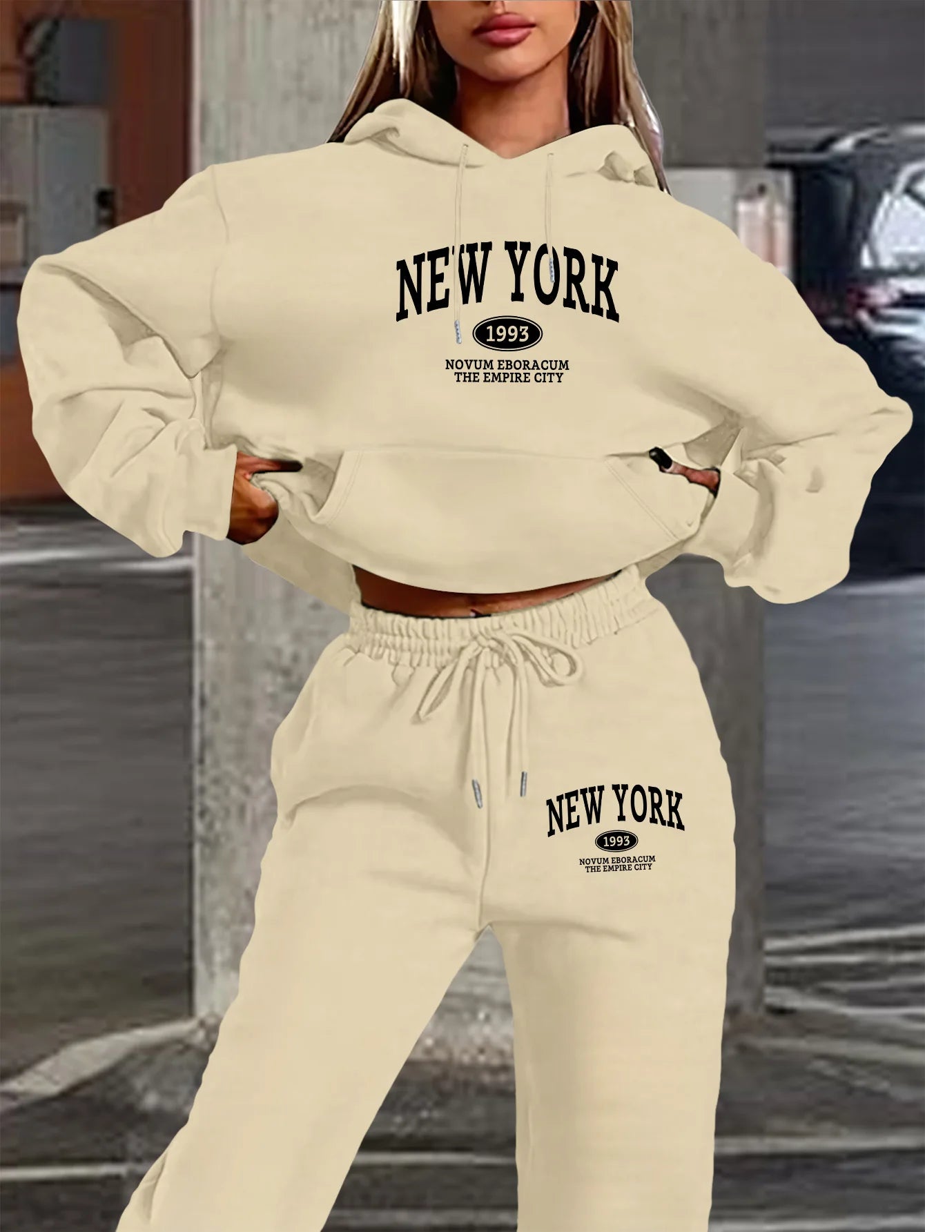 New York Print Two piece Set Casual Kangaroo Women's Casual Fashion Round Neck Sweatshirt, Solid Color Long Sleeves Sweatshirt,