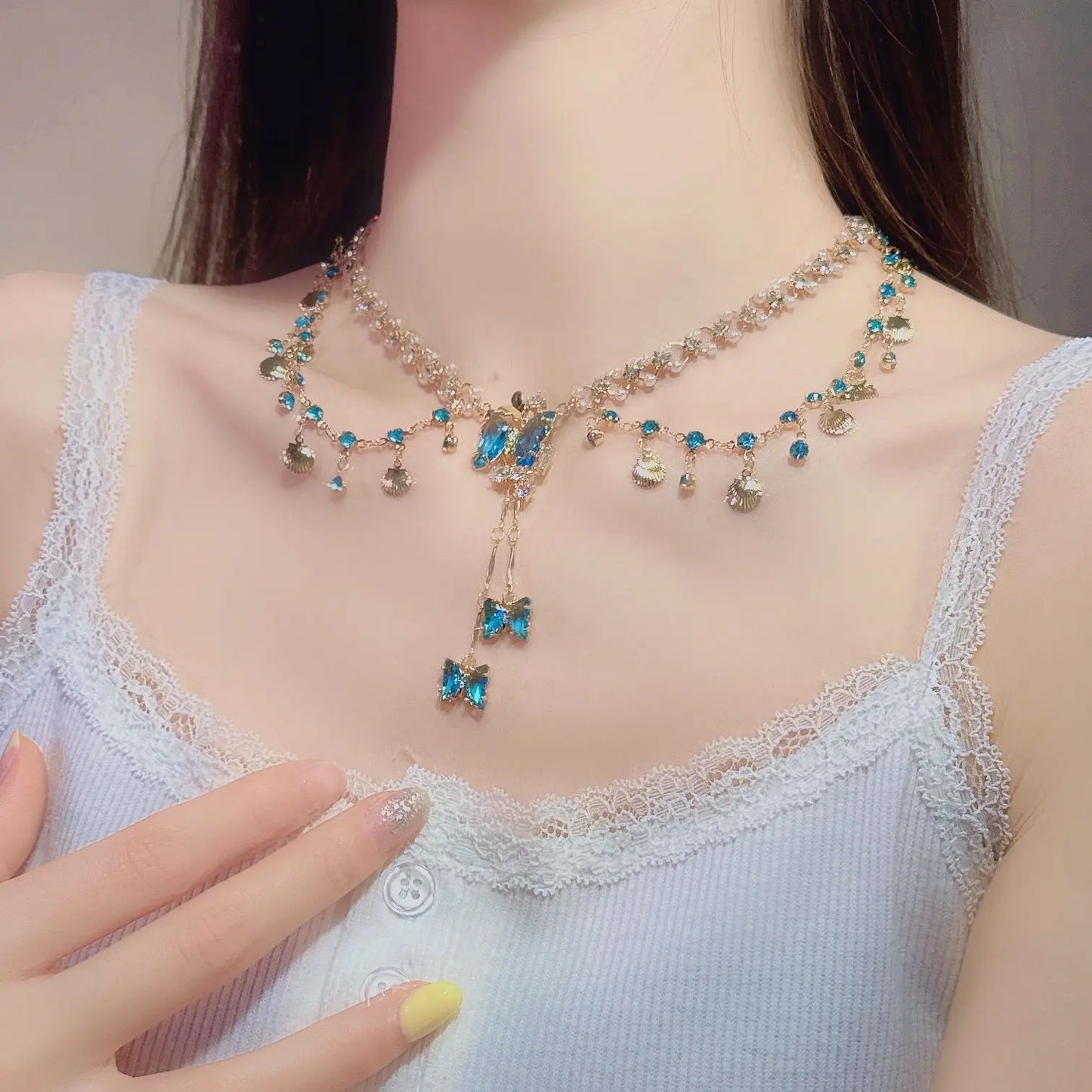 Multi-layered Copper Alloy Crystal Necklace Women Hanfu Accessories Sexy Golden Collarbone Necklace Birthday Gift For Women