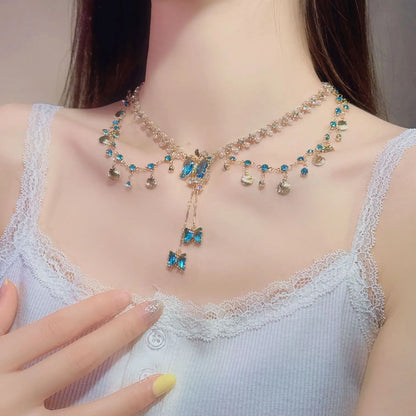 Multi-layered Copper Alloy Crystal Necklace Women Hanfu Accessories Sexy Golden Collarbone Necklace Birthday Gift For Women