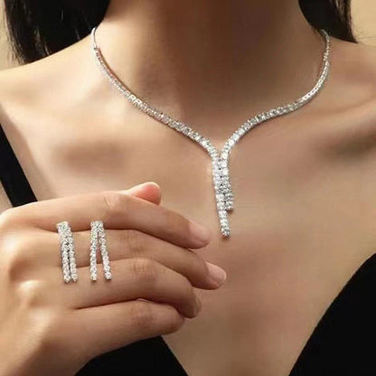2Pcs/lot Simple Fashion Geometric Zircon Necklace Earrings Kit For Women Wedding Bride Jewelry Set Accessories Gift