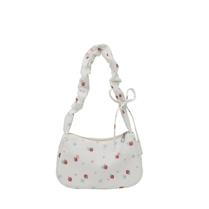 Women Small Underarm Bag Y2K Sweet Printed Zipper Tote Pleated Strap Handbag Half Moon Design Versatile Ladies Shoulder Bags