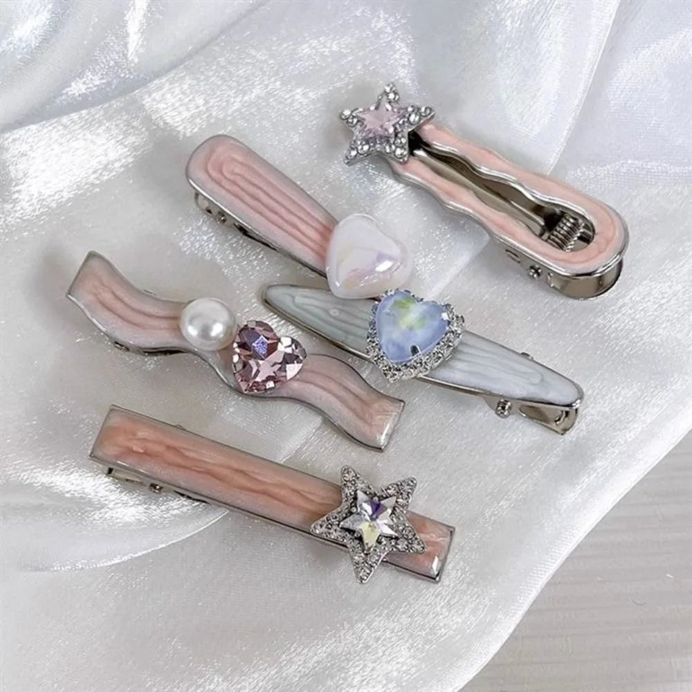 5Pcs/Set Trendy Sweet Galaxy Pink Hair Clips Cool Shiny Heart Shape Hairpins Star Pentagram Rhinestone Barrettes Women Girls