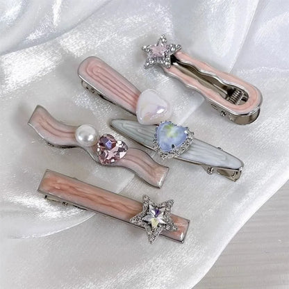 5Pcs/Set Trendy Sweet Galaxy Pink Hair Clips Cool Shiny Heart Shape Hairpins Star Pentagram Rhinestone Barrettes Women Girls