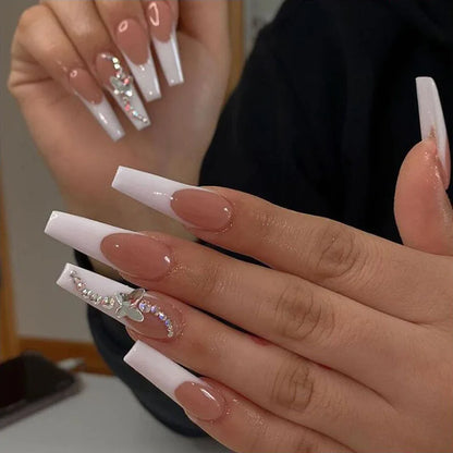 24Pcs Press on Fake Nails Short Medium French Acrylic Full Cover False Nail With Glue Kit Mini File Manicure for Women and Girls
