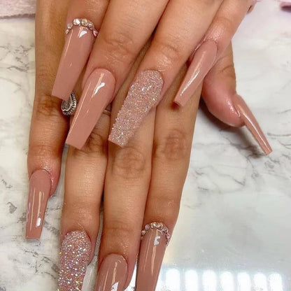 Luxury Designed Reusable Pink Nude False Nails Short Custom Acrylic Press On Nails Artificial Nails With Glue For Woman And Girl