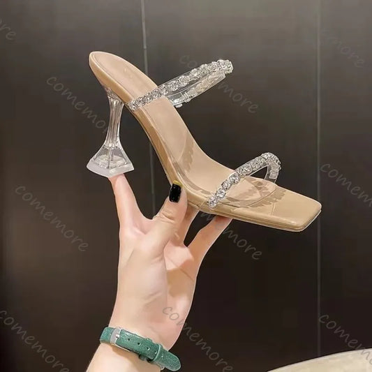 Comemore High Heels Crystal Women Slippers Fashion Open Toe Sandals Summer New Party Transparent Pumps Stilettos Dress Slides