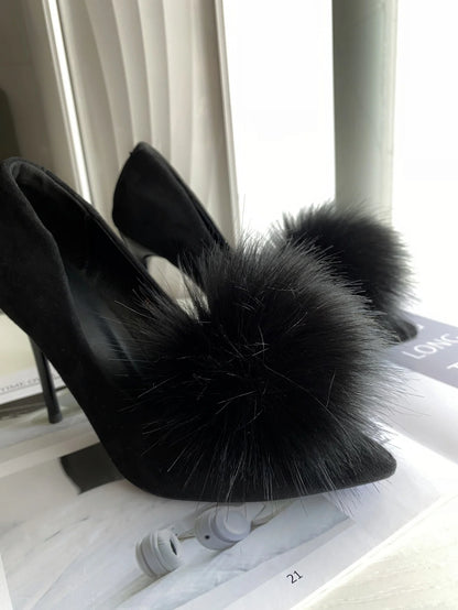 1pair New Bridal Shoes With  Detachable Fluffy Pom Pom & Buckle, Daily Versatile Flattering Fashion Shoes Clip