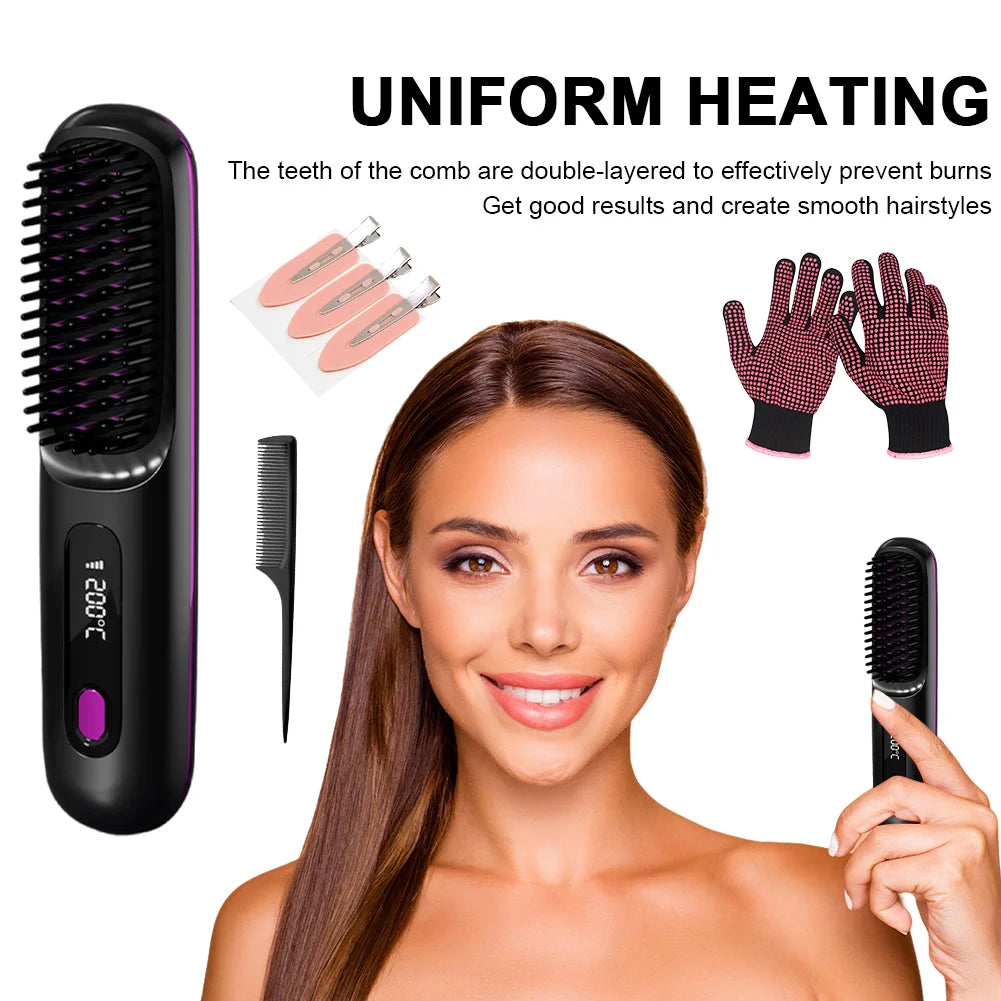 Portable Straightener Brush Cordless Hair Straightener Brush 3Setting Temperature Rechargeable Ceramic Hot Comb Brush for Travel