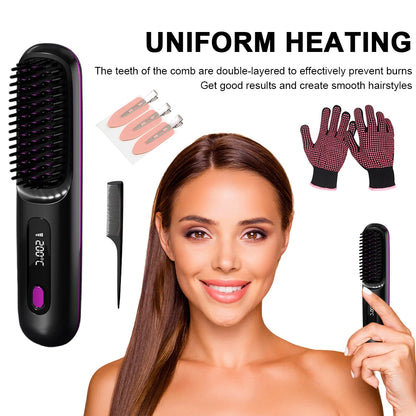 Portable Straightener Brush Cordless Hair Straightener Brush 3Setting Temperature Rechargeable Ceramic Hot Comb Brush for Travel