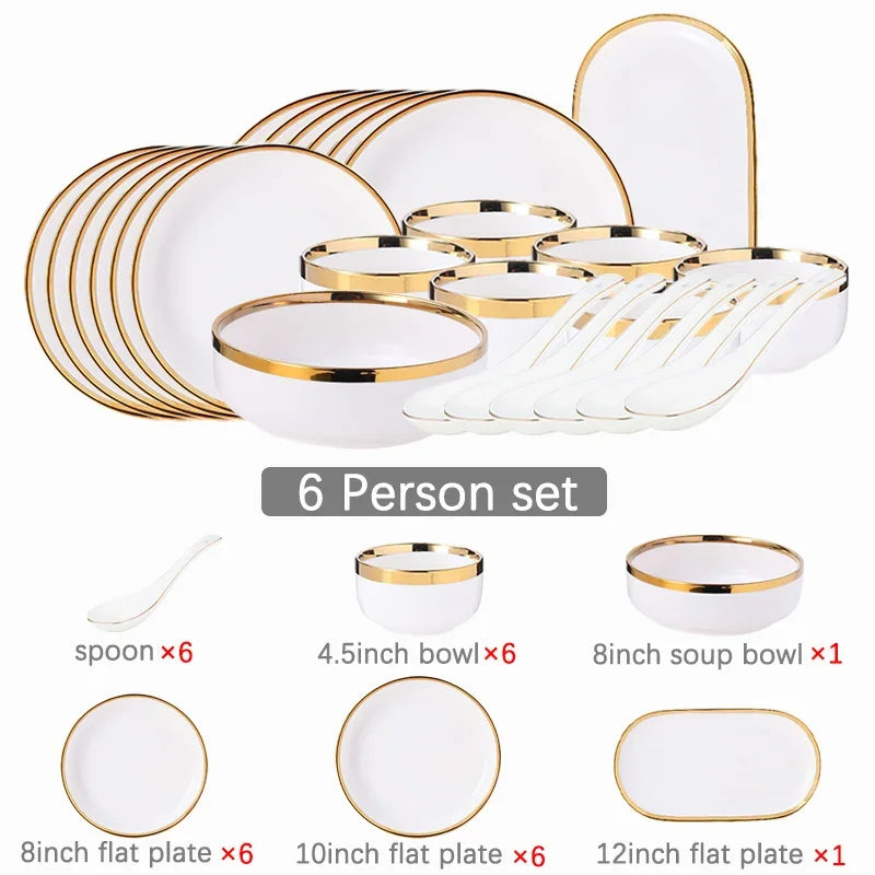 Ceramic Plates Bowls Gilt Rim White Porcelain Dinner Tray Kitchen Plates Ceramic Tableware Food Dishes Rice Salad Noodles Bowl