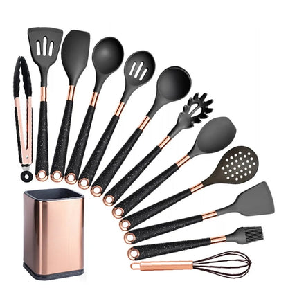 Silicone Cooking Utensils Set Non-Scratch Non-Stick Heat Resistant Spatula Spoon Rose Gold Handle With Bucket Kitchen Gift