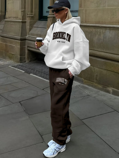 New York Print Two piece Set Casual Kangaroo Women's Casual Fashion Round Neck Sweatshirt, Solid Color Long Sleeves Sweatshirt,
