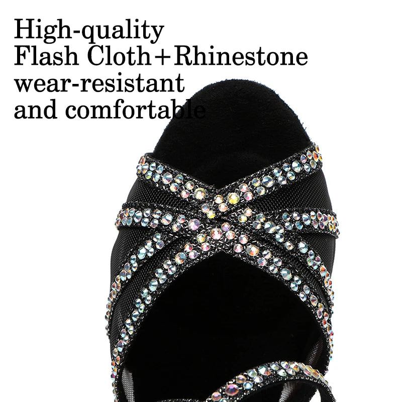 DKZSYIM Rhinestone Women Latin Dance Shoes Latin Salsa Girl Dancing Shoes Black Shiny Ballroom Dance Shoes For Girls Ladies