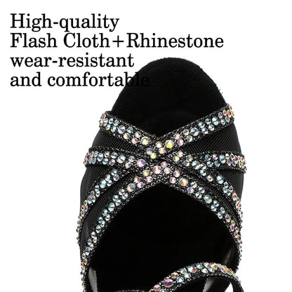 DKZSYIM Rhinestone Women Latin Dance Shoes Latin Salsa Girl Dancing Shoes Black Shiny Ballroom Dance Shoes For Girls Ladies
