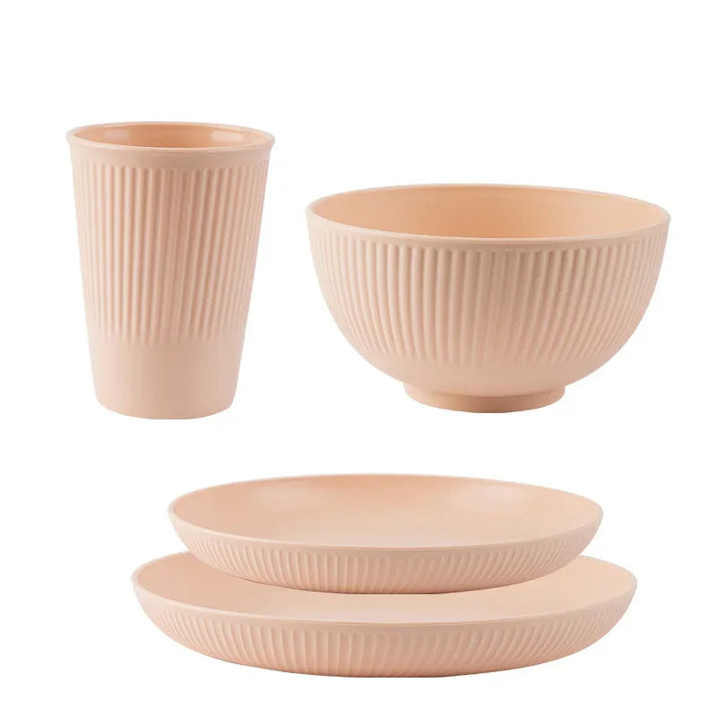 Wheat Straw Cutlery Set 4Pcs/Set Bowl Cup Dish Set Portable Tableware Set Dinnerware Kits for Picnic Camping